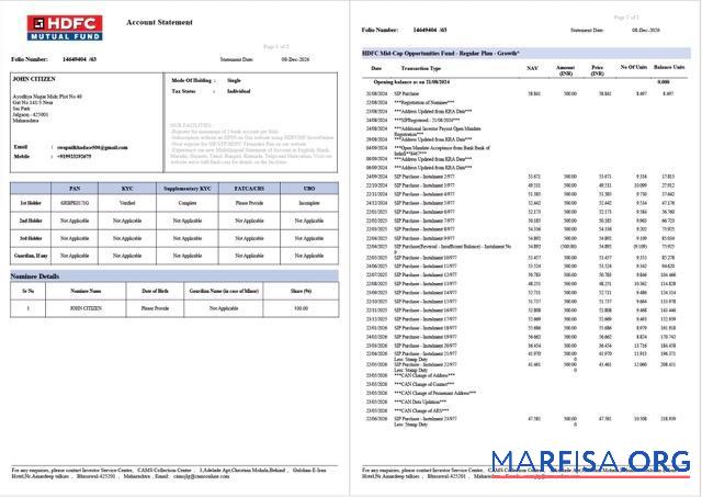 Индия HDFC Банковский Аккаунт Выписка из банка┬áWord 2 pages, Версия 2 шаблон