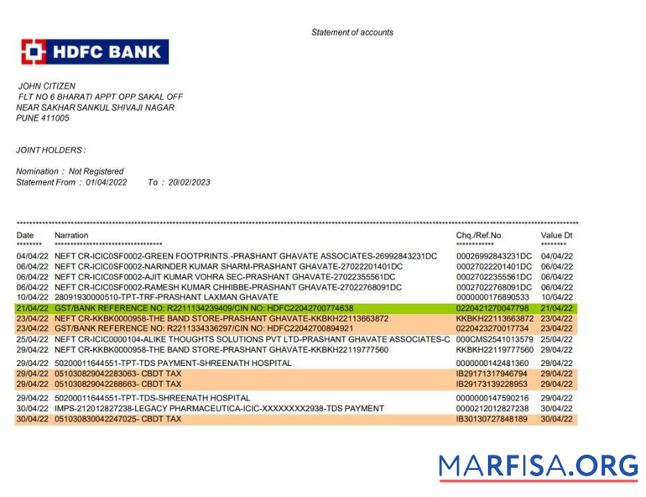 Индия HDFC Банковский Выписка из банка Word 2 pages, Версия 2 шаблон