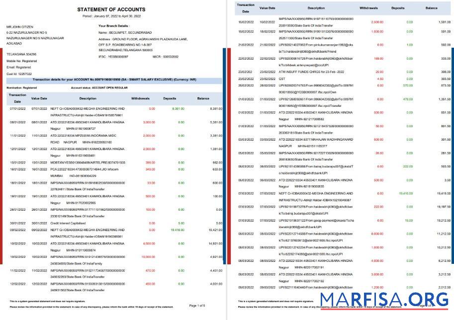 Индия HDFC Банковский Выписка из банка Word 5 pages макет