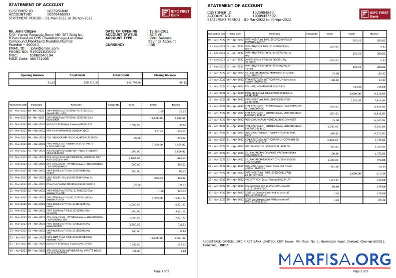 Индия IDFC First Банковский Выписка из банка Word 2 pages макет