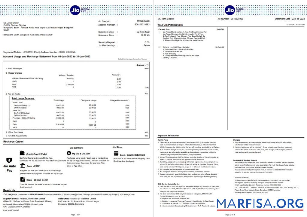 Индия Jio Банковский Выписка из банка Word 4 pages дизайн
