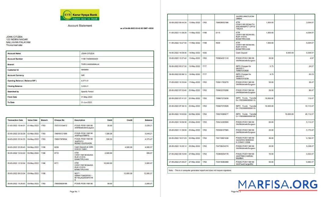 Индия KVB Банковский Выписка из банка Word 2 pages предпросмотр
