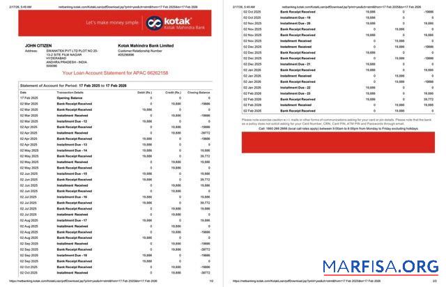 Индия Kotak Mahindra Банковский Аккаунт Выписка из банка┬áWord 2 pages образец