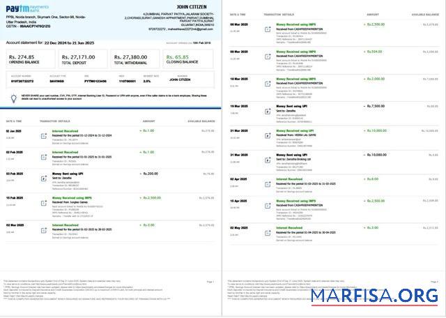 Индия PayTM Payments Банковский Аккаунт Выписка из банка Word 3 pages, 1 2 pages макет