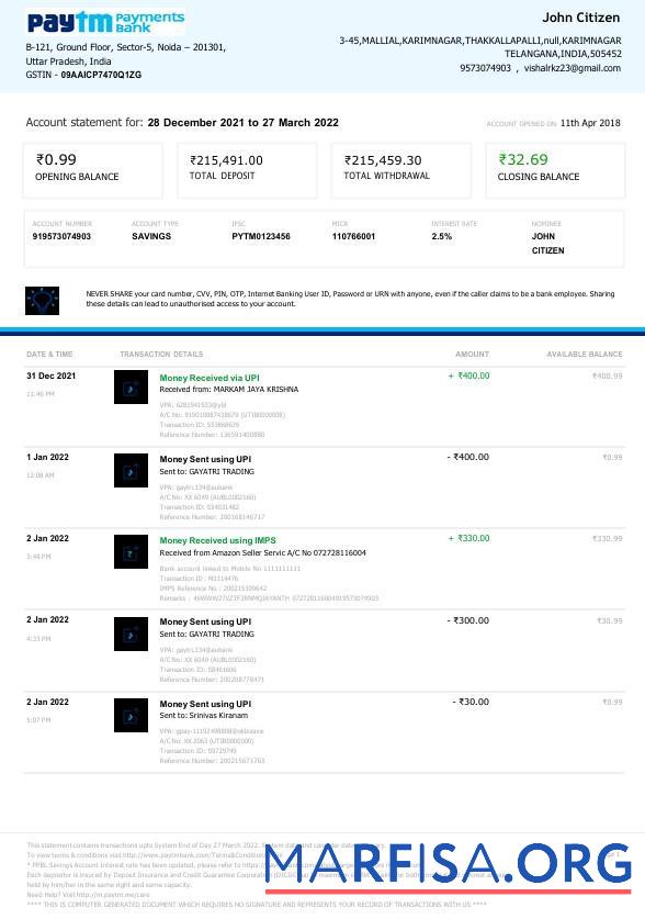 Индия Paytm Payments Банковский Выписка из банка Word 1 Страница макет