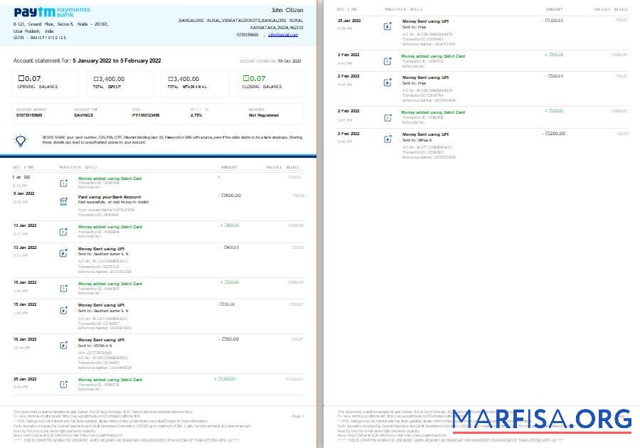 Индия Paytm Payments Банковский Выписка из банка Word 2 pages, Версия 2 предпросмотр