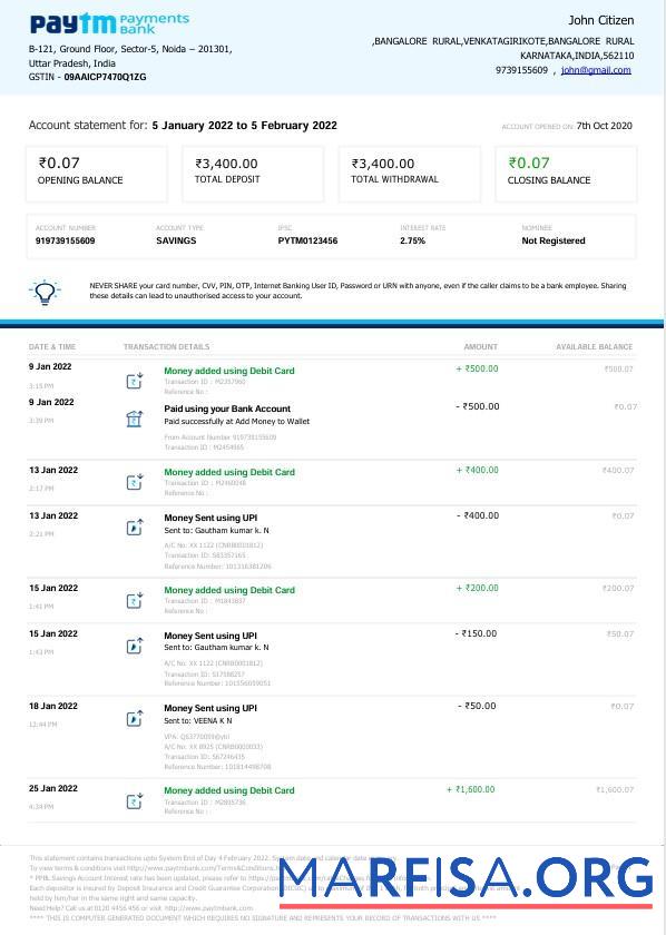 Индия Paytm Payments Банковский Выписка из банка Word предпросмотр