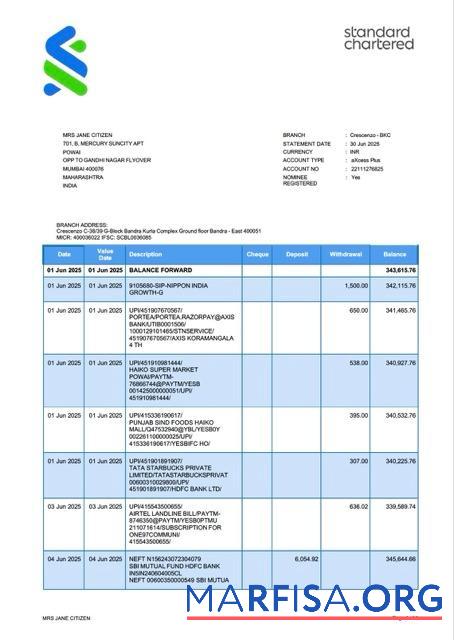 Индия стандартный Chartered Банковский Аккаунт Выписка из банка Word Версия 3 дизайн