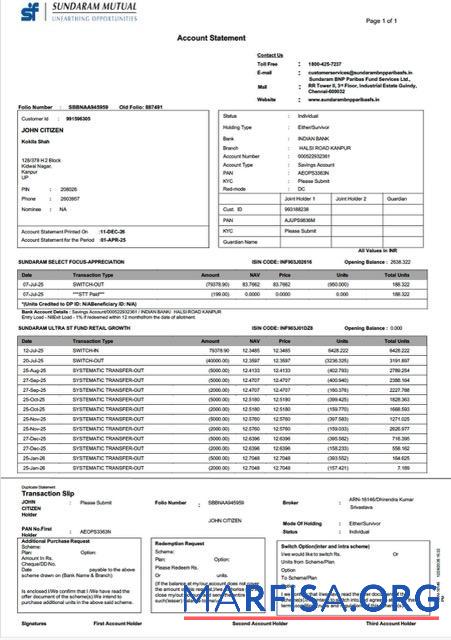 Индия Sundaram Mutual┬áАккаунт Выписка из банка┬áWord шаблон
