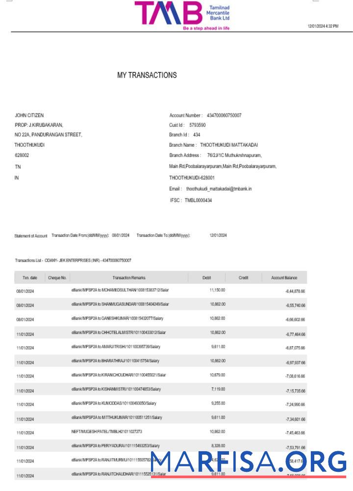 Индия TAB Банковский Выписка из банка Word 2 pages образец