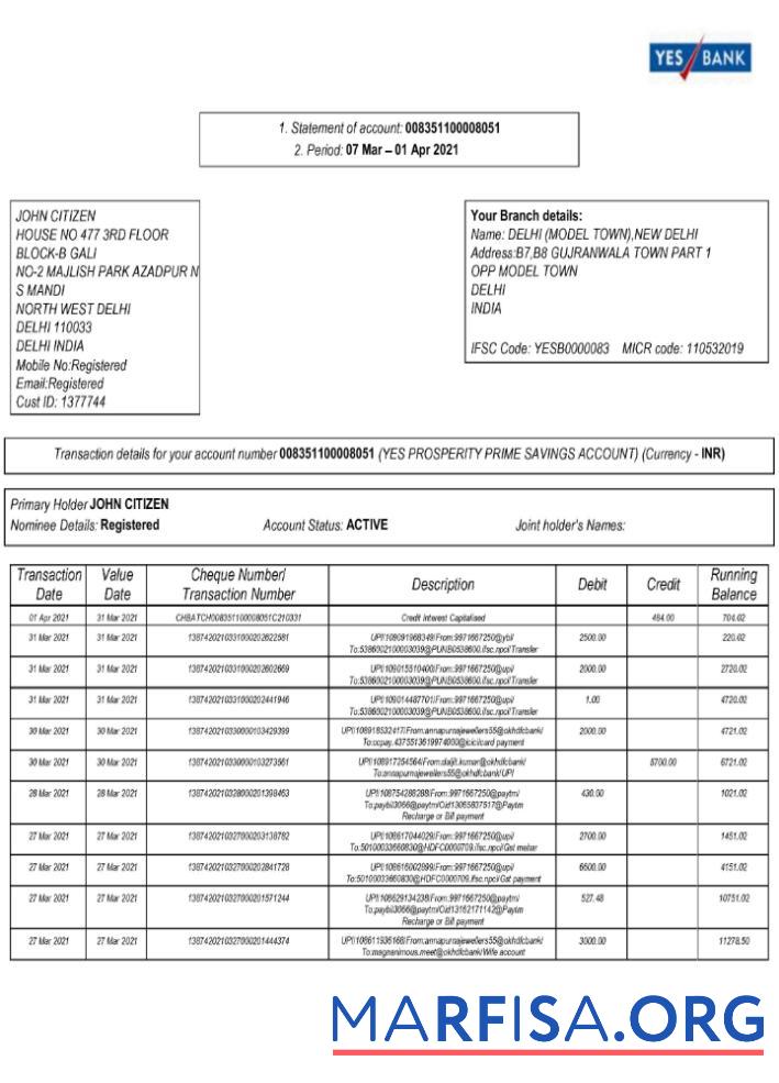 Индия Yes Ibank Выписка из банка 2 pages образец