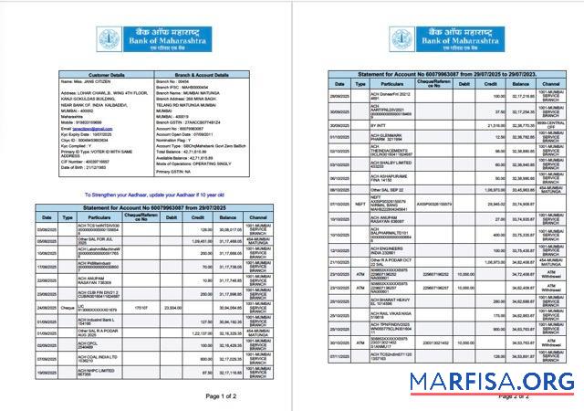 Индия┬áБанковский of Maharashtra Выписка из банка of Аккаунт Word 2 pages макет