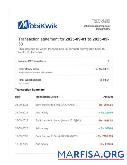 Индия┬áMobiKwik┬áТранзакция Выписка из банка Word дизайн