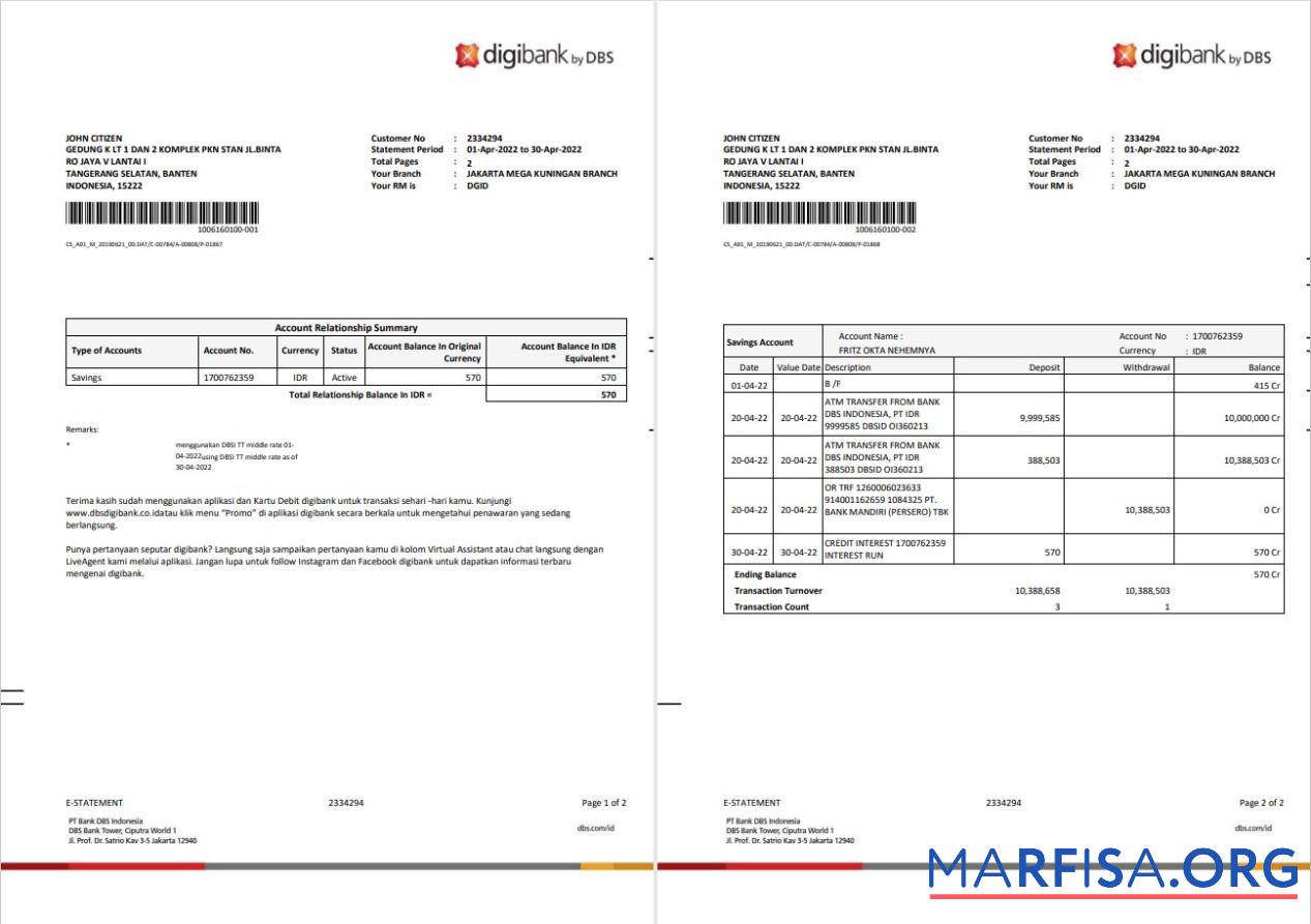 Индонезия DBS digibank Выписка из банка Word 2 pages предпросмотр