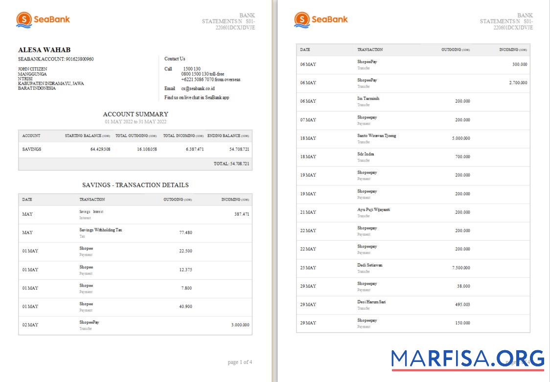 Индонезия Seabank Выписка из банка Word 1, 2 pages образец