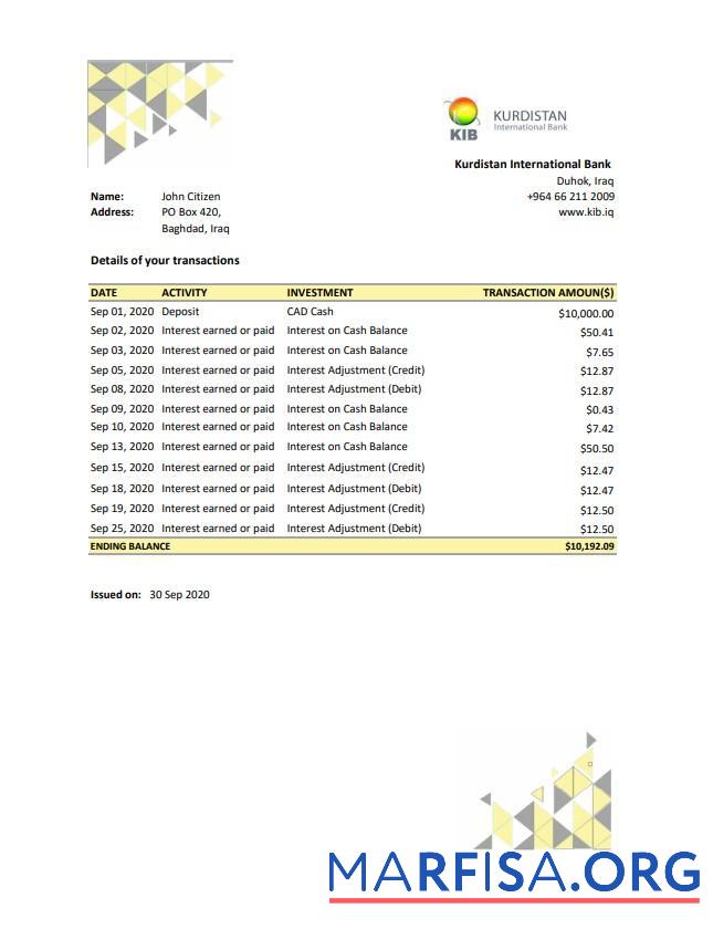 Ирак Kurdistan International Банковский proof of address Банковский Выписка из банка Excel дизайн