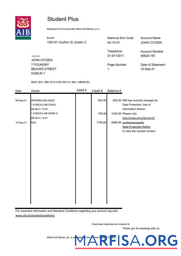 Ирландия AIB Банковский Выписка из банка Excel предпросмотр