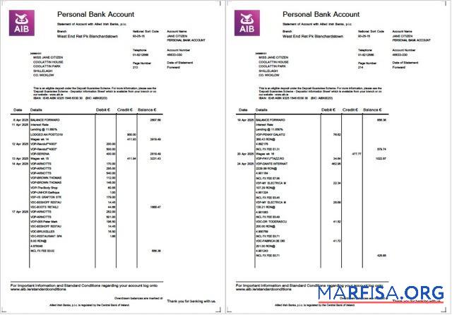 Ирландия Allied Irish Banks┬á(AIB) Выписка из банка of Аккаунт┬áWord 2 pages макет