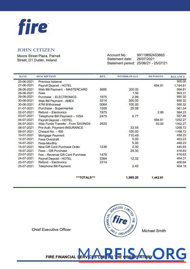 Ирландия Fire Financial Services Limited Банковский Выписка из банка Word шаблон