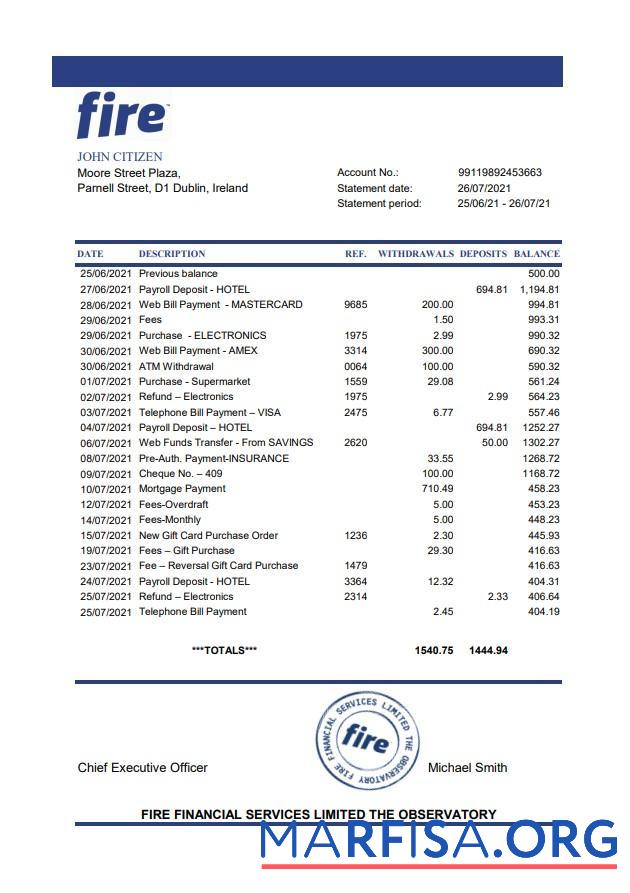 Ирландия Fire Financial Services Limited Банковский Выписка из банка Excel дизайн