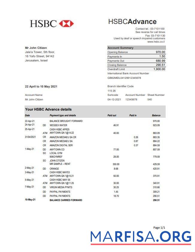 Израиль HSBC Банковский Выписка из банка Excel образец