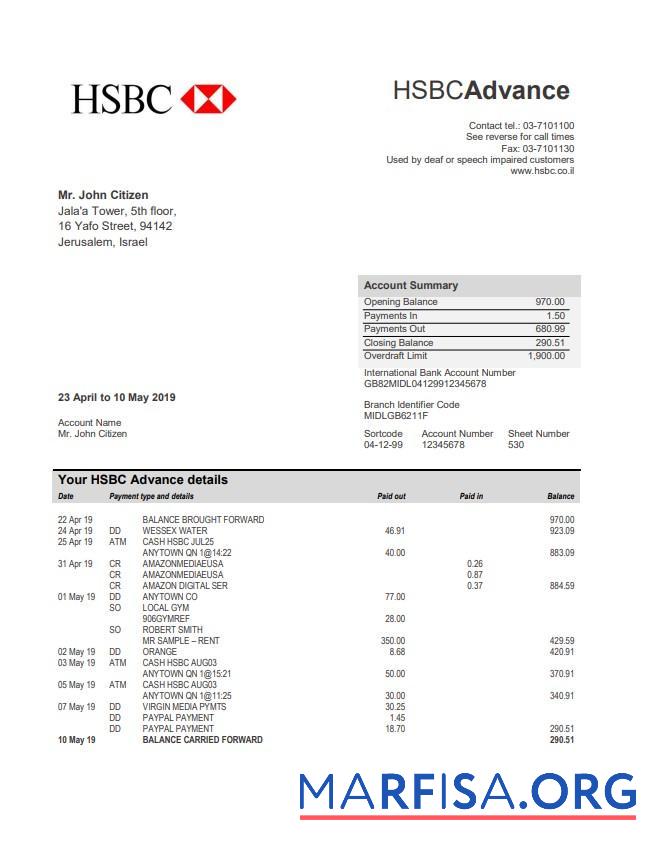 Израиль HSBC Банковский Выписка из банка Word дизайн