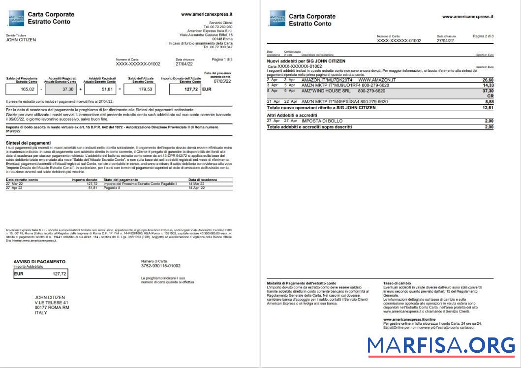 Италия American Express Amex Карта Выписка из банка Word 3 pages макет