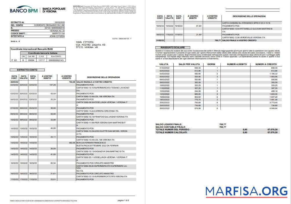 Италия Banco BPM Банковский Выписка из банка Word 8 pages образец