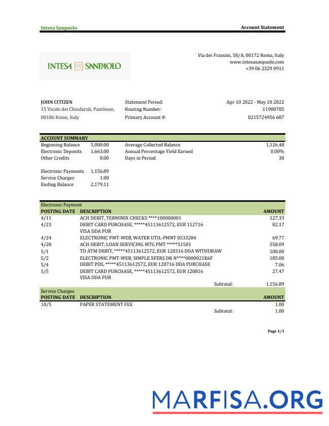 Италия Intesa Sanpaolo Банковский Выписка из банка Excel шаблон