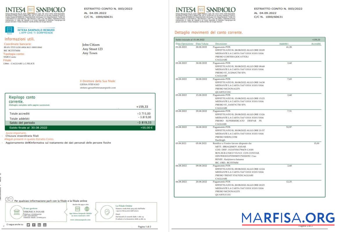 Италия Intesa Sanpaolo Банковский Выписка из банка Word 2 pages макет
