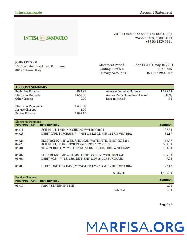 Италия Intesa Sanpaolo Банковский Выписка из банка Word дизайн