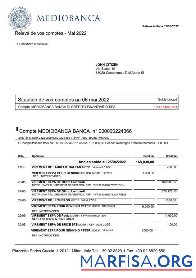 Италия Mediobanca Банковский Выписка из банка Word предпросмотр