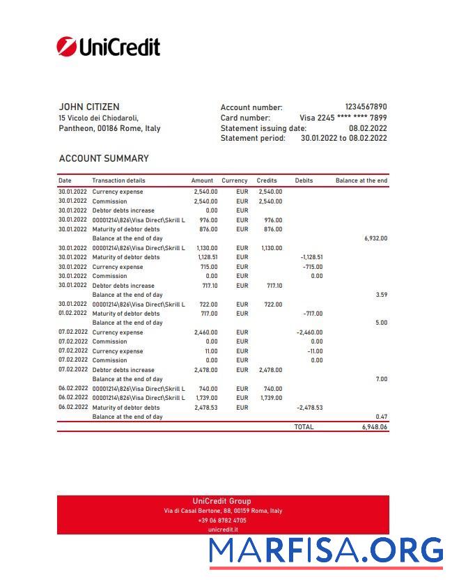 Италия Unicredit Банковский Выписка из банка Excel предпросмотр