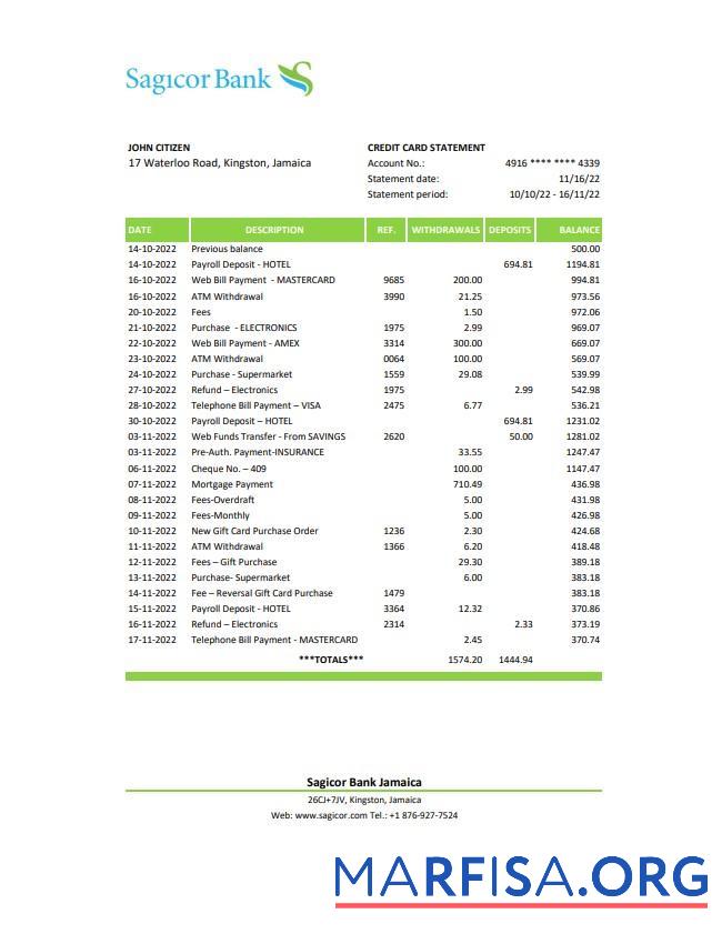 Ямайка Sagicor Банковский Выписка из банка Excel дизайн