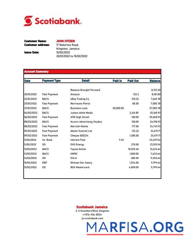 Ямайка Scotiabank Выписка из банка Excel предпросмотр