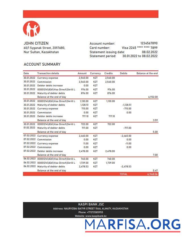Казахстан Kaspi Банковский Выписка из банка Excel макет