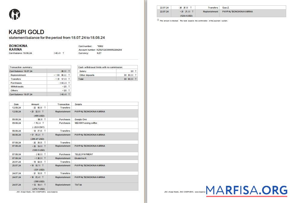 Казахстан Kaspi Банковский Выписка из банка Word 2 pages макет