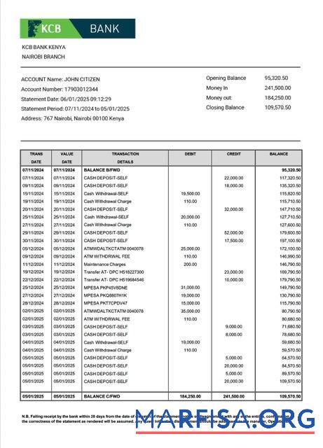 Кения KCB Банковский Аккаунт Выписка из банка Word шаблон
