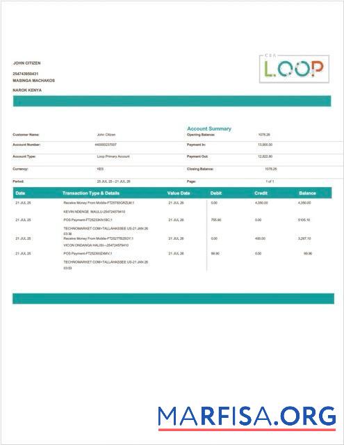 Кения Loop Банковский Аккаунт Выписка из банка┬áWord дизайн