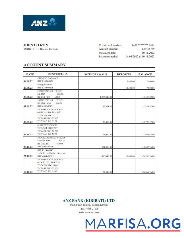 Кирибати ANZ Банковский Выписка из банка Excel шаблон