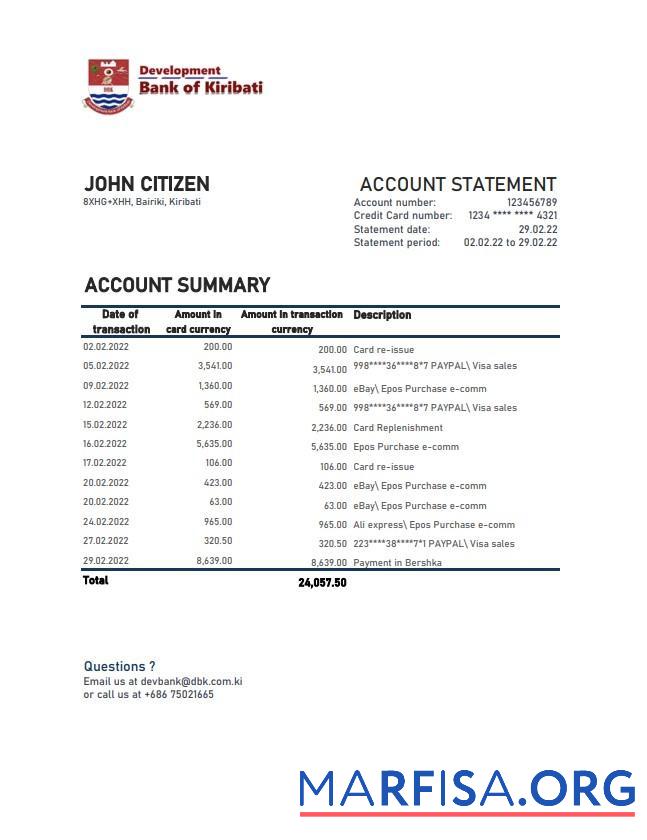 Кирибати Development Банковский of Кирибати Банковский Выписка из банка Excel предпросмотр