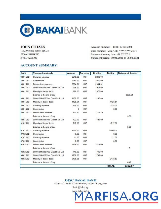 Кыргызстан OJSC Bakai Банковский Выписка из банка Excel шаблон