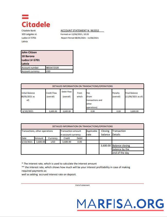 Латвия Citadele Банковский Выписка из банка Excel шаблон