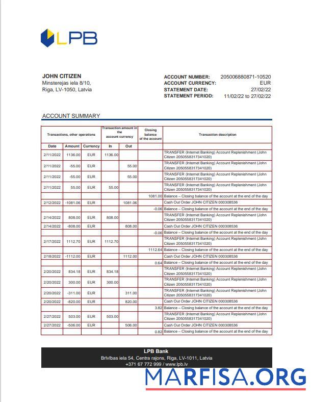 Латвия LPB Банковский Выписка из банка Excel.1 образец