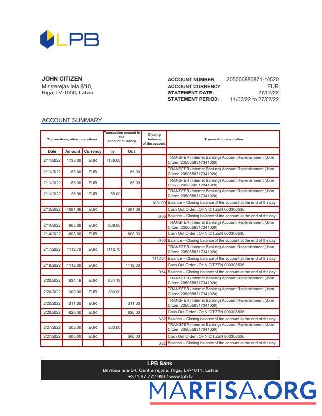 Латвия LPB Банковский Выписка из банка Excel предпросмотр