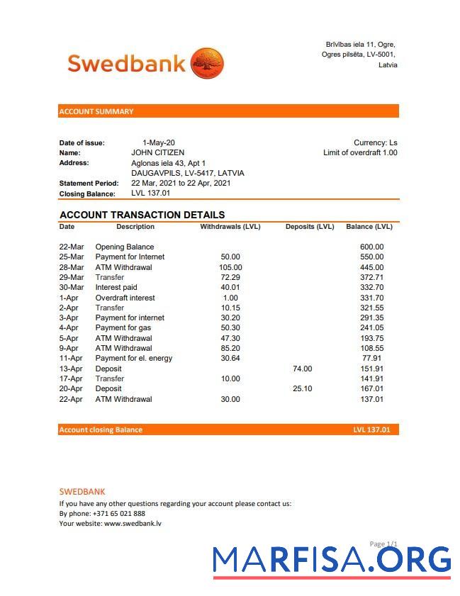 Латвия Swedbank Банковский Выписка из банка Excel дизайн