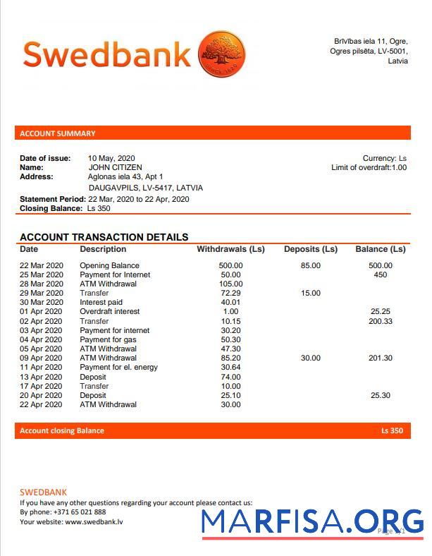 Латвия Swedbank Банковский Выписка из банка Word.1 макет