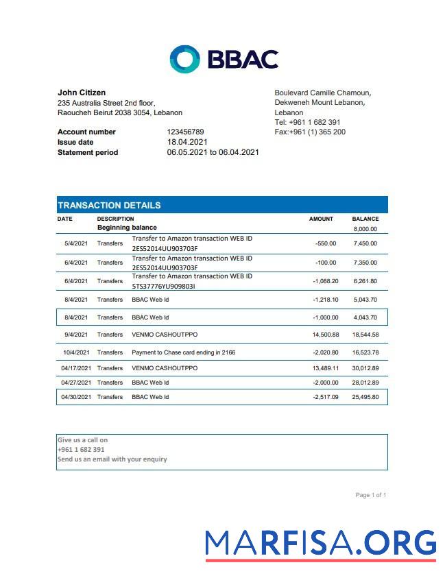 Ливан BBAC Банковский Выписка из банка Excel шаблон