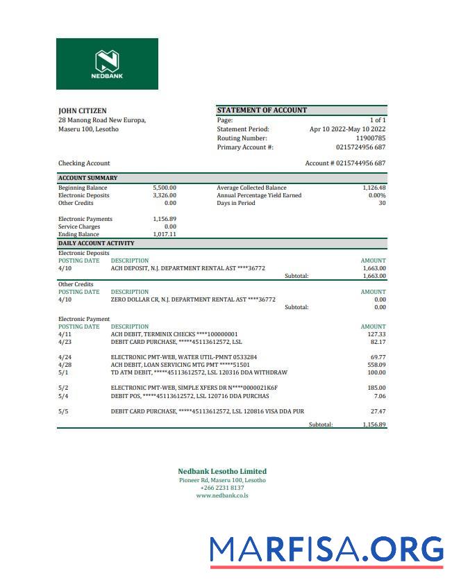 Лесото Nedbaank Выписка из банка Excel образец