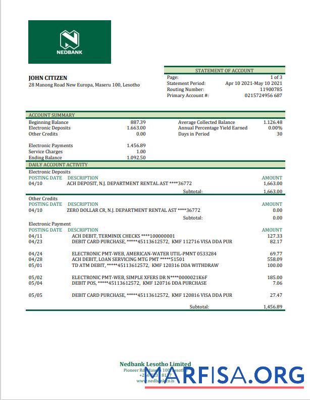 Лесото Nedbank Банковский Выписка из банка Excel макет